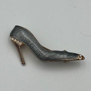 High Heel Shoe Brooch Gray‎ Enameled Rhinestone Gold Tone Costume Jewelry